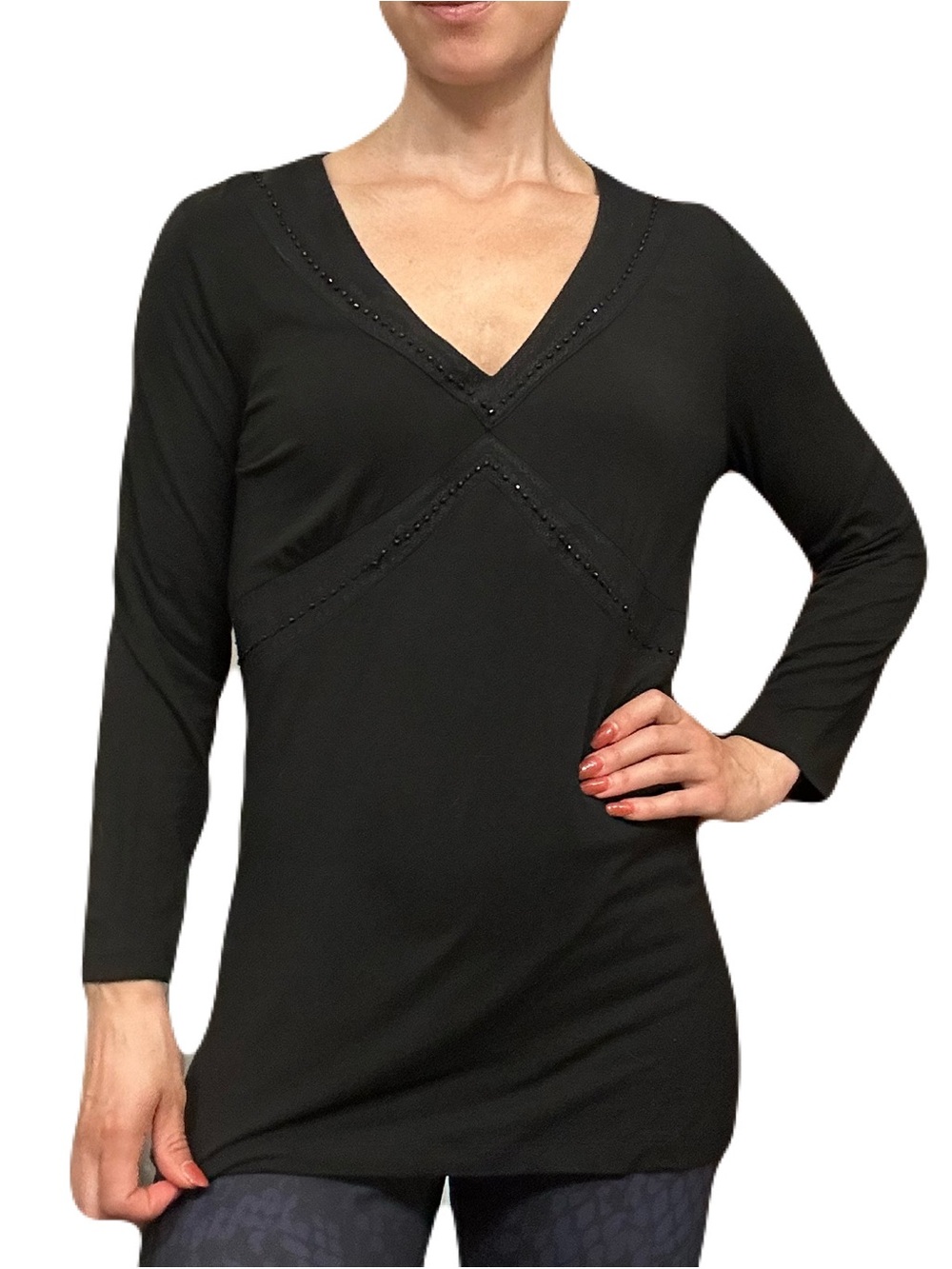 LOFT Black V-Neck 7/8 Sleeve Top with Jewel Stitch Detailing
